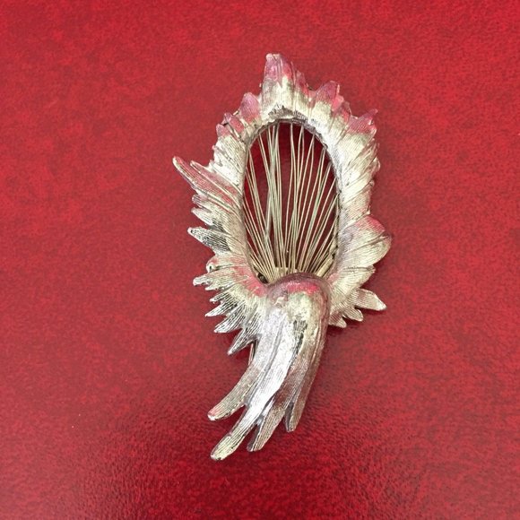 Vintage Brushed Silver Tone & Wire Abstract Brooch - Large Flower Leaf Modernist - Picture 2 of 4